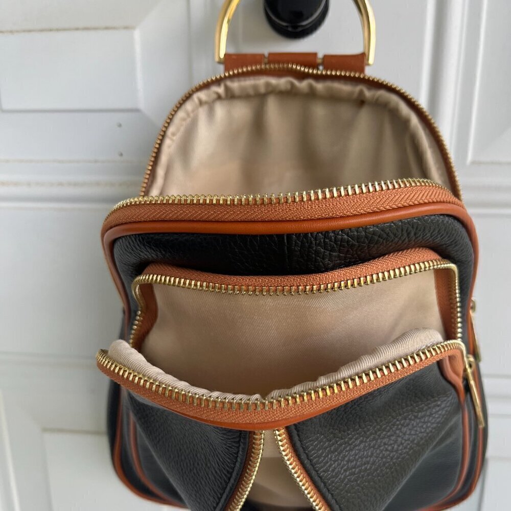 Valentina Italy Genuine Pebble Leather Convertible Backpack - Black/Tan - Picture 6 of 15